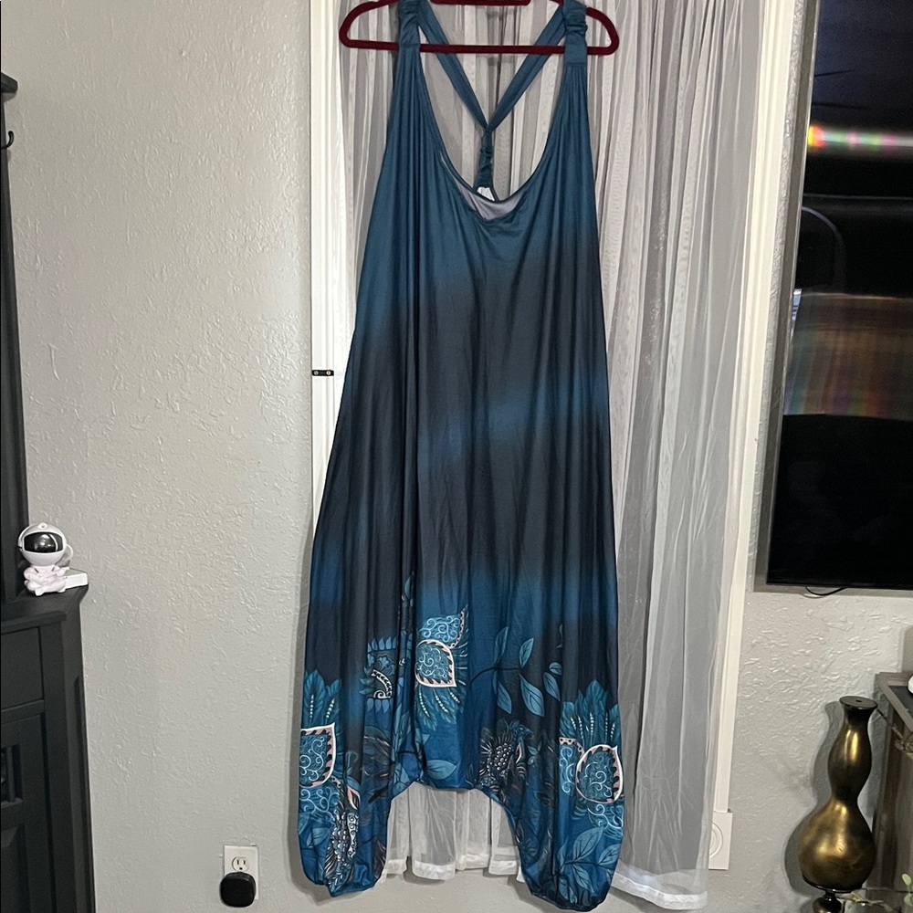 Boho Floral Print Blue Harem Jumpsuit